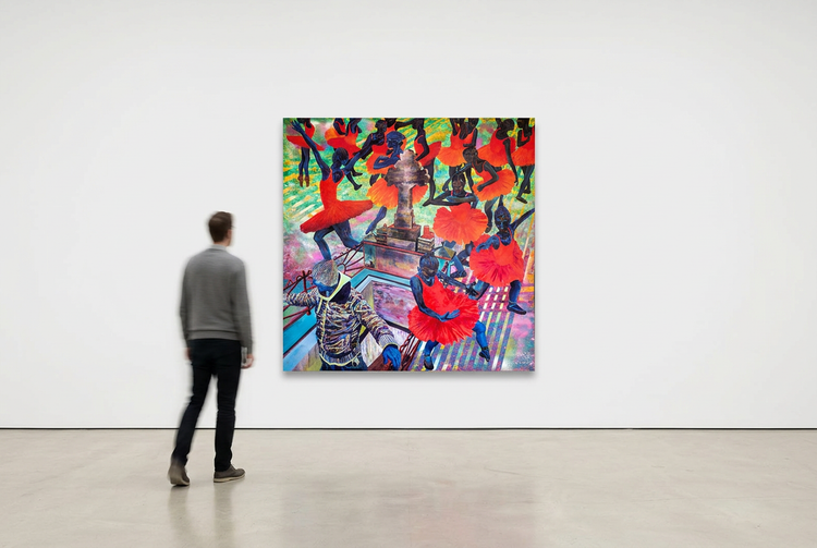 
After Life in a contemporary gallery with a blurred visitor for scale