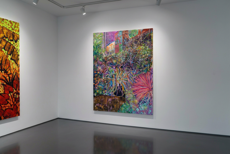 
Botanique Hypnotique as the focus in a spotlighted gallery with a reflective dark grey floor