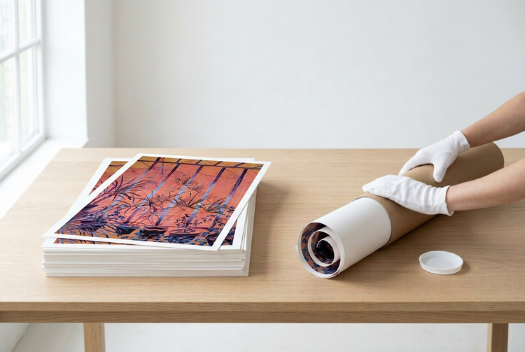 A stack of Chez Rita prints on a studio table, with one print being rolled into a shipping tube