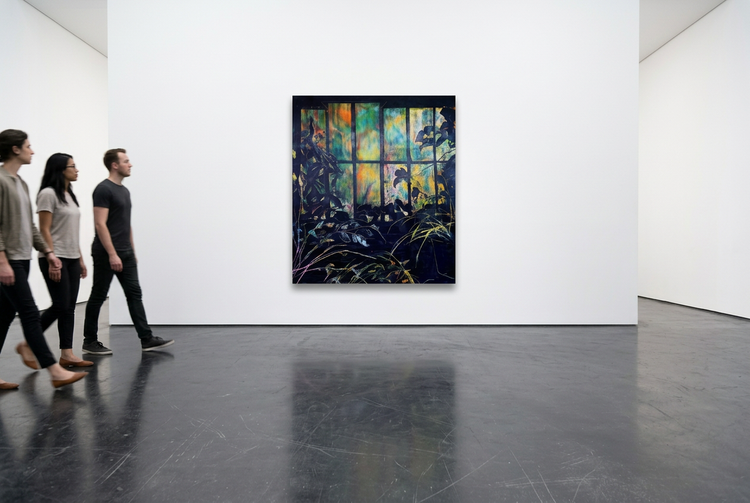 
Gallery remake with dark grey polished floor and blurred visitors entering from the left