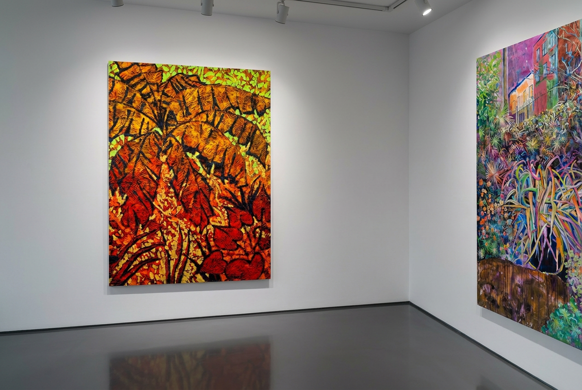 
Thick and Deep and partial Botanique Hypnotique in a gallery with a reflective dark grey floor and focused artwork lighting