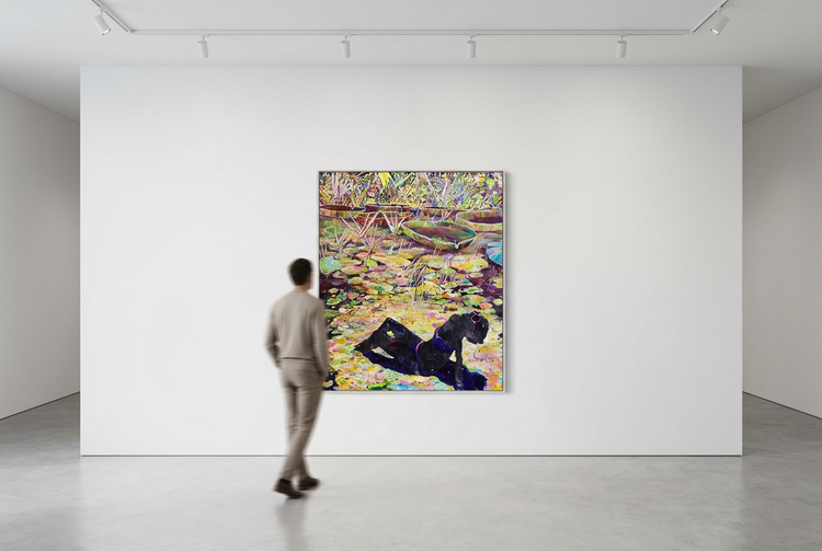 
Water’s Edge in a contemporary gallery with a motion-blurred visitor for scale