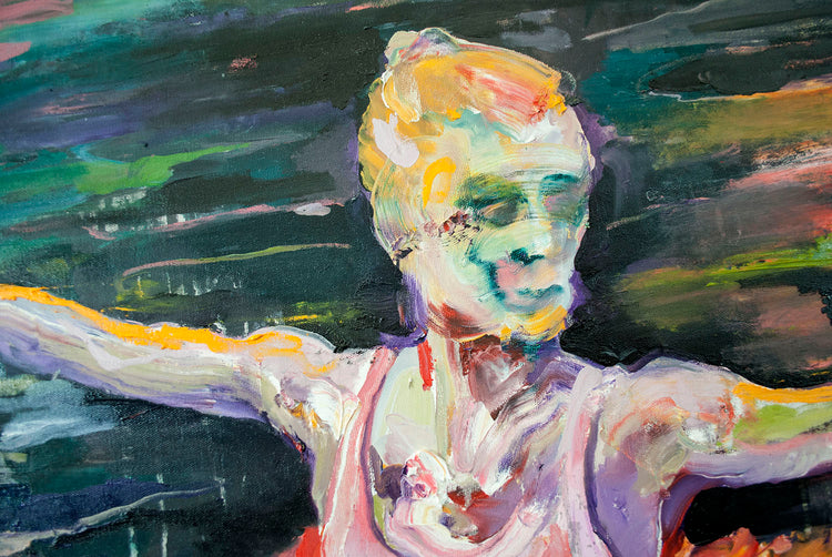 
detail view of a portrait in Dancers of Love, 150x150cm, oil on canvas, 2021 by Dominic Virtosu
