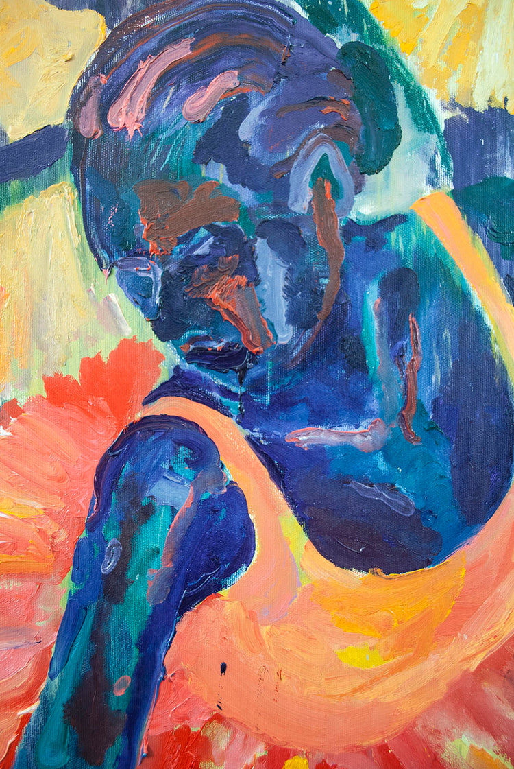 
Detail of a character on Dancers of Tenderness, 150x150cm, oil on canvas painting, 2021 by Dominic Virtosu