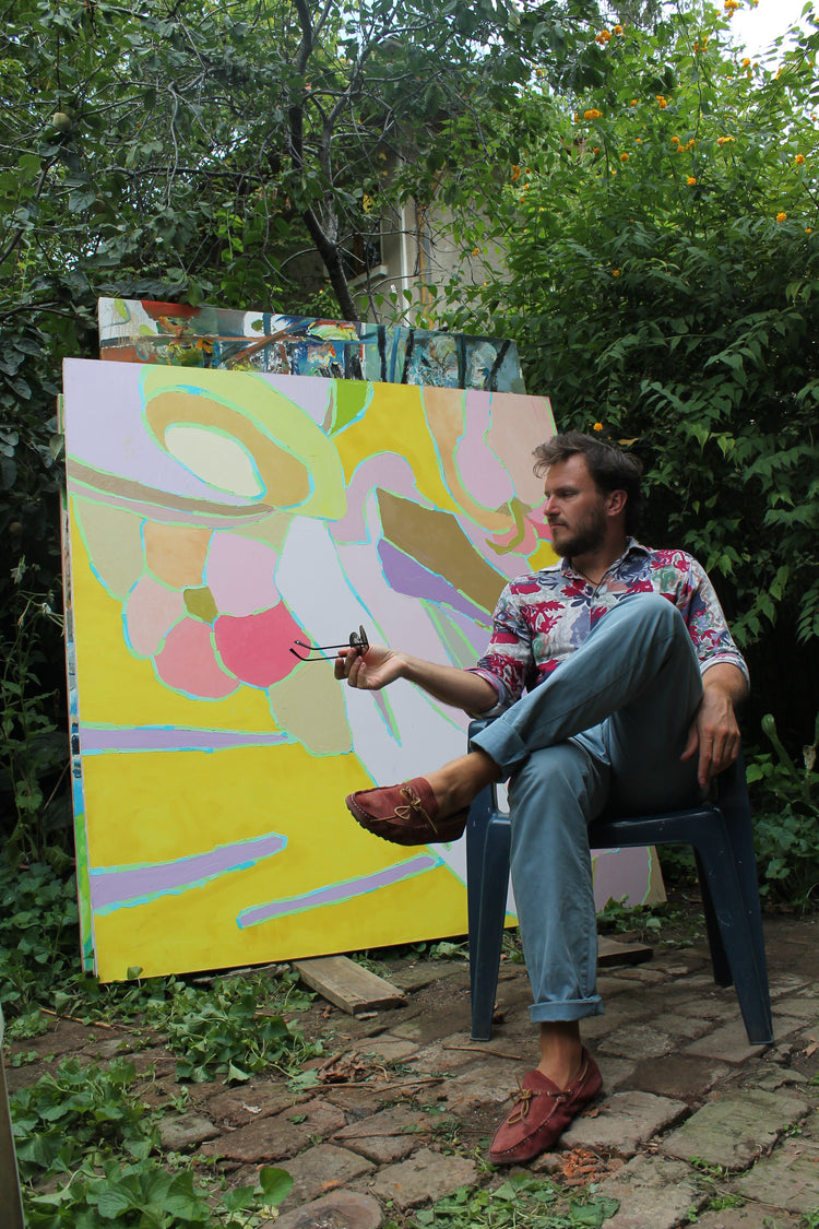 
Abstract Composition, 170x160cm, oil on canvas, 2013 with the artist in front of it.