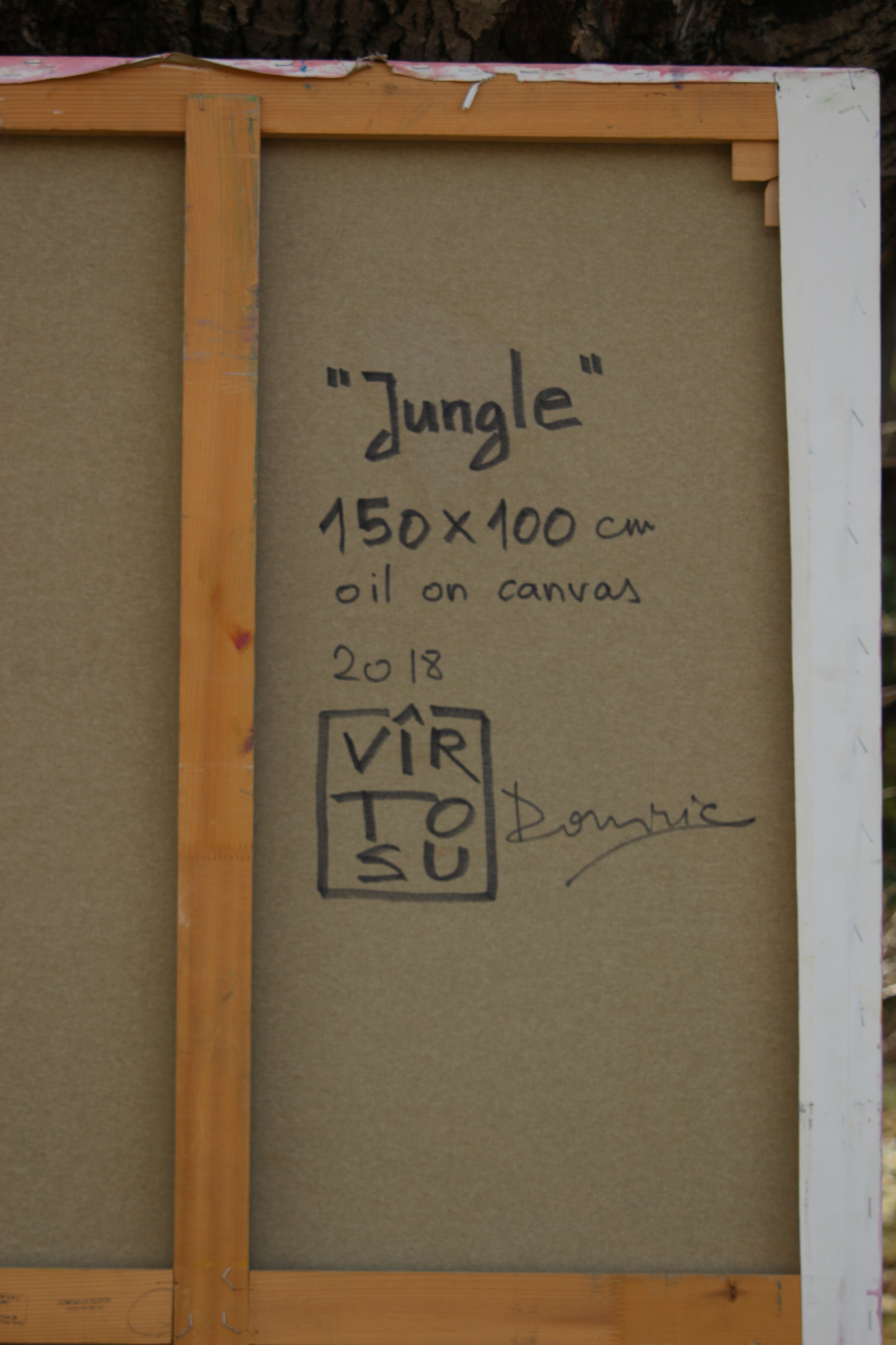 Back of the work "Jungle" showing signature of the artist. - work completed and photographed by the Dominic Virtosu in 2019 at his country studio in Romania.