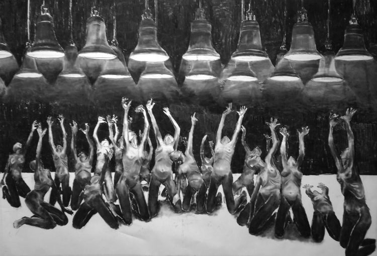 
Into the Light by Dominic Virtosu: original work, 130x160cm / 51.1x62.9 in, charcoal on paper, 2017