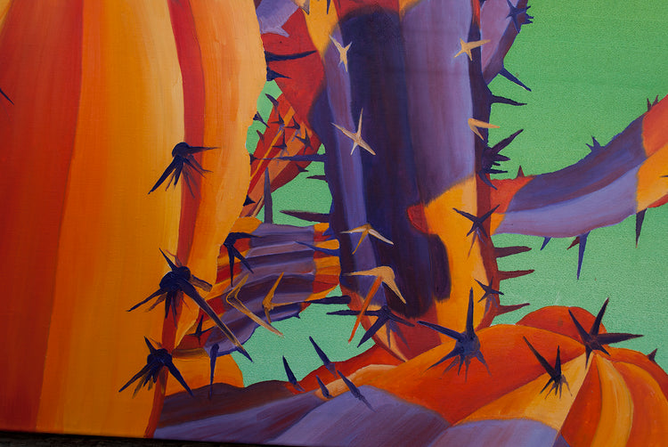
Orange Beauty on Green detail of the work spikes of the cactus with purple shadows