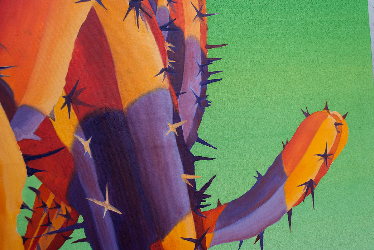 
Orange Beauty on Green detail with green background of the painting with purple shadows