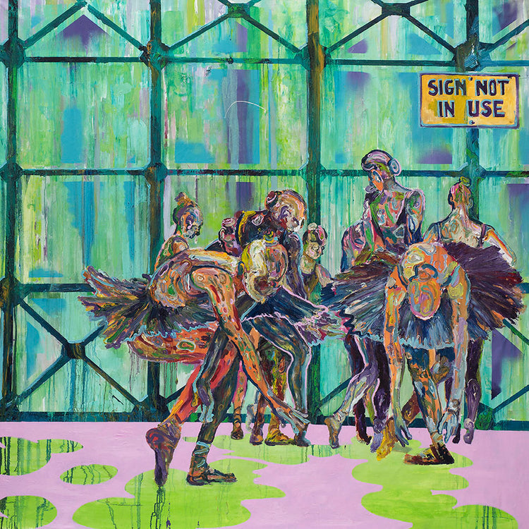 
Sign Not in Use - Original oil on canvas painting of Balerinas dancing in front of an ironic sign - 205x205cm - made by contemporary artist Dominic Virtosu