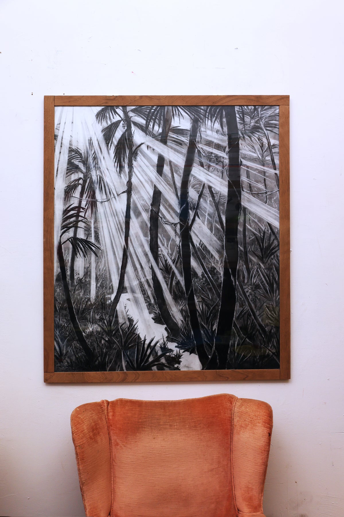 
Tropical Dream by Dominic Virtosu: original work, 115x95cm / 45.2x37.4 in, charcoal on paper, 2022, framed under glass (view 5)