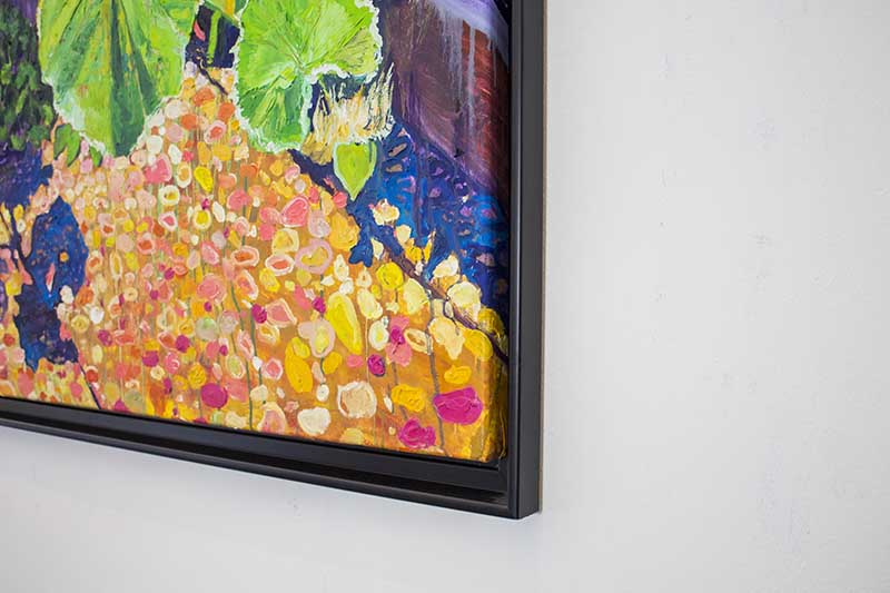 
bottom right corner of the framed painting a quiet corner in the studio close-up view Dominic Virtosu
