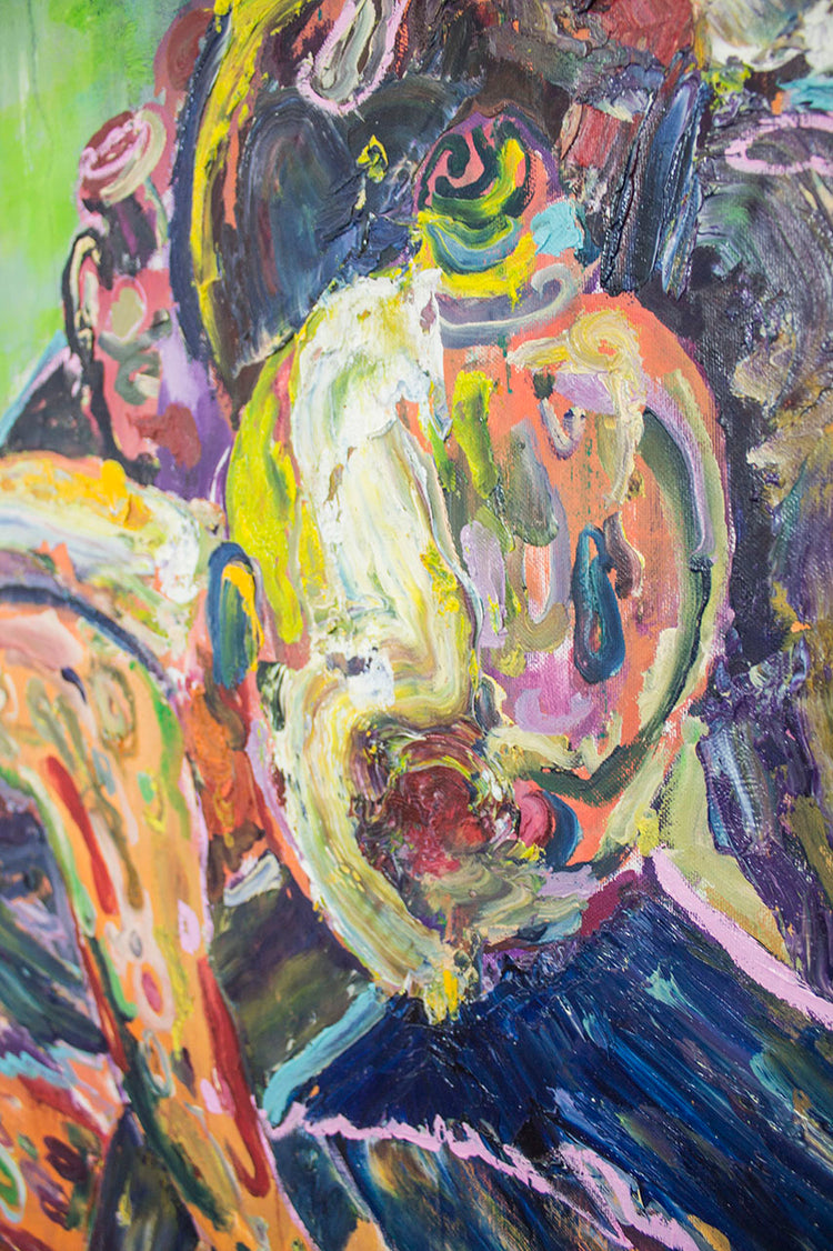 
Detail view 1 of a balerinas head in the work: Sign Not in Use - Original oil on canvas painting of Balerinas dancing in front of an ironic sign - 205x205cm - made by contemporary artist Dominic Virtosu
