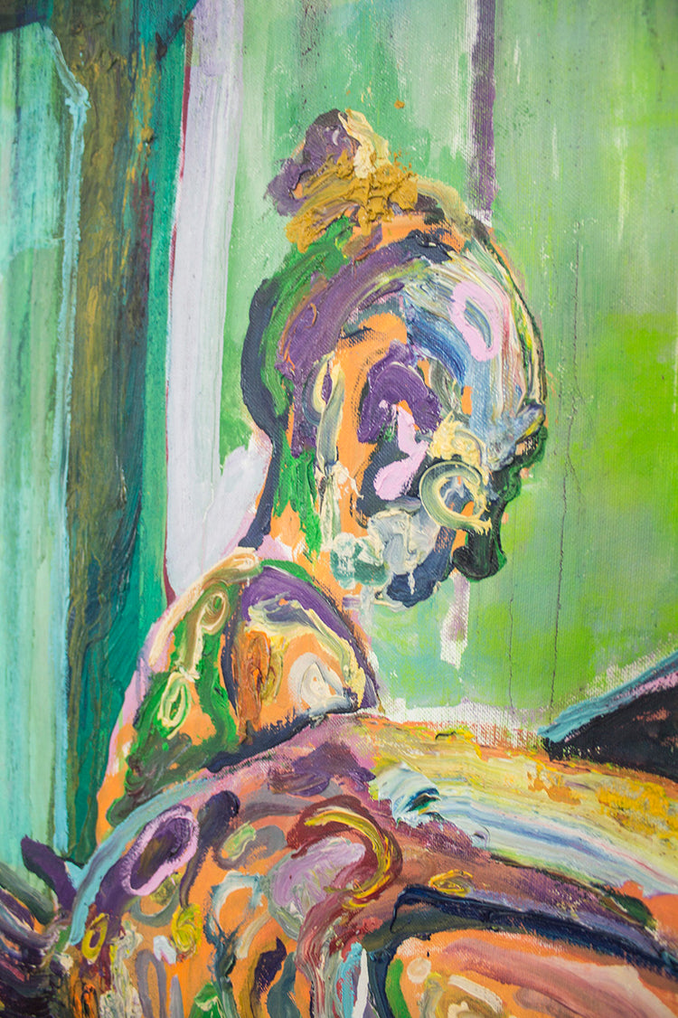 
Detail view of a balerinas head in the work: Sign Not in Use - Original oil on canvas painting of Balerinas dancing in front of an ironic sign - 205x205cm - made by contemporary artist Dominic Virtosu