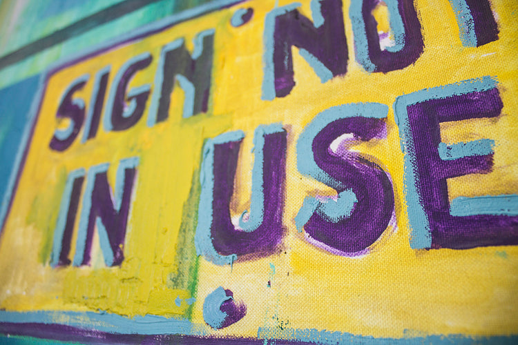 
Detail view of a the sign in the work: Sign Not in Use - Original oil on canvas painting of Balerinas dancing in front of an ironic sign - 205x205cm - made by contemporary artist Dominic Virtosu