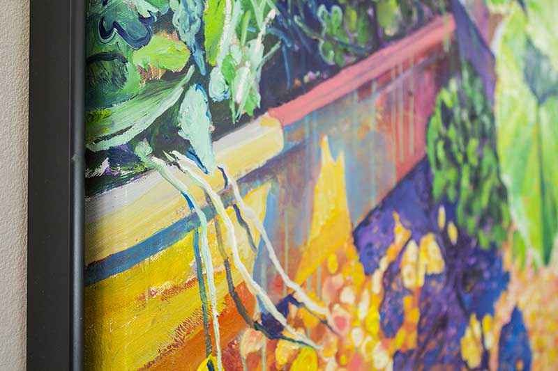 
close up of the left side of the original framed artwork a quiet corner by Dominic Virtosu