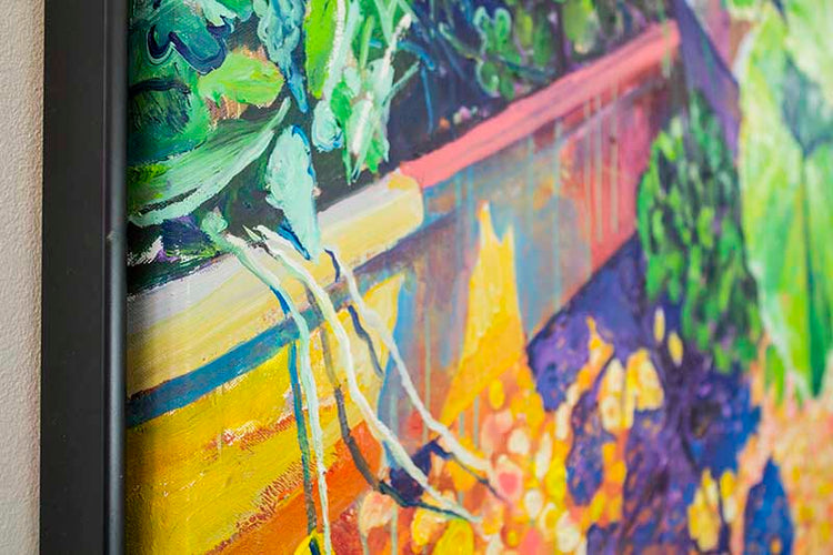 
close up of the left side of the original framed artwork a quiet corner by Dominic Virtosu