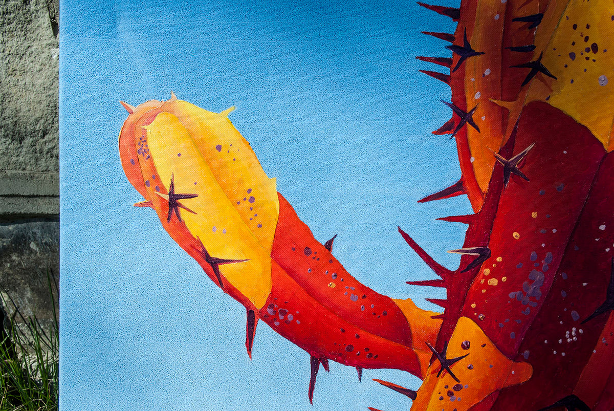 
Detail of the spikes and cactus branches on Big Orange on Blue - beautiful cactus painting made in 2021 by Dominic Virtosu