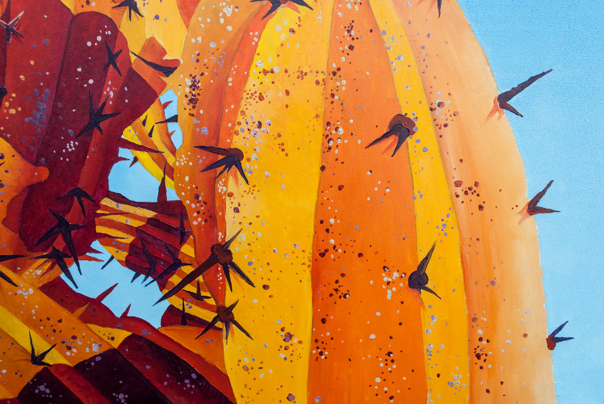 
Detail of the canvas texture and paint layer for Big Orange on Blue - beautiful cactus painting made in 2021 by Dominic Virtosu